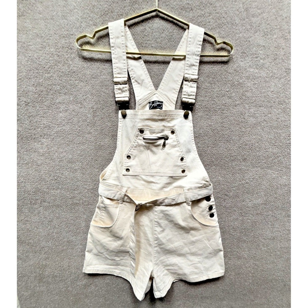 Women's Buffbunny Beige Cotton Carpenter Bib Overalls Shorts Size Medium EUC